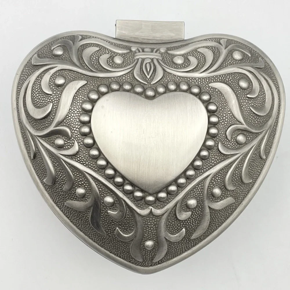Heart Shaped Silver Tone Jewelry Trinket Box Ornate Floral Velvet Lined 5